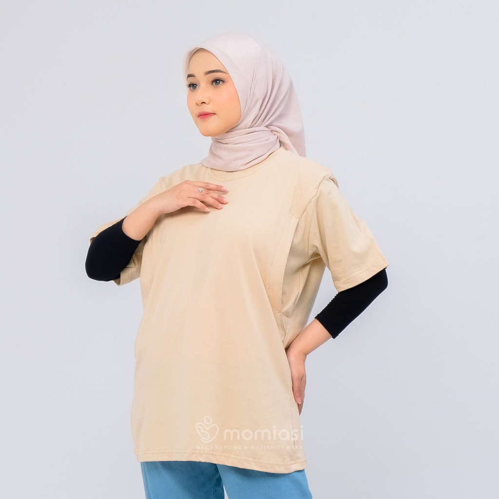 Momiasi - Baju Kaos Ibu Menyusui Wanita Busui Nursing Wear Lengan Pendek Jumbo Bukaan Belahan Samping Premium