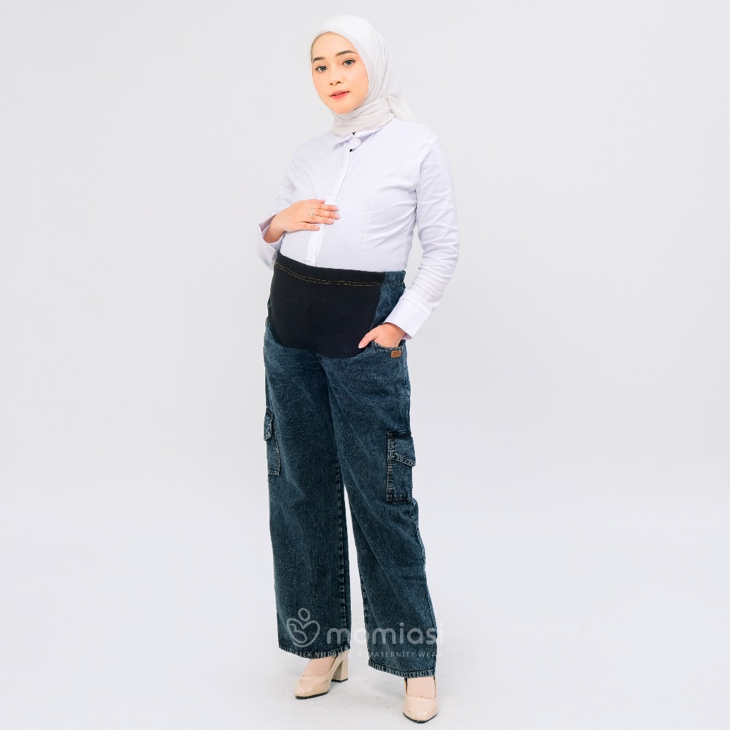 Momiasi - Celana Hamil Jeans Cargo Snow - Celana Hamil Highwaist Cargo Snow