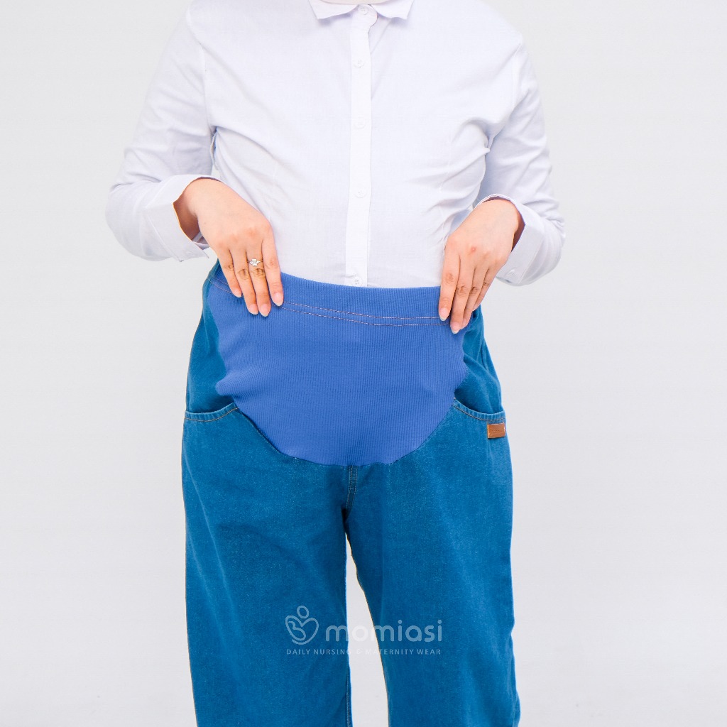 Momiasi - Celana Hamil Jeans Kulot Rawis Denim Strech Panjang Jumbo Wanita Bumil Maternity Pants Premium