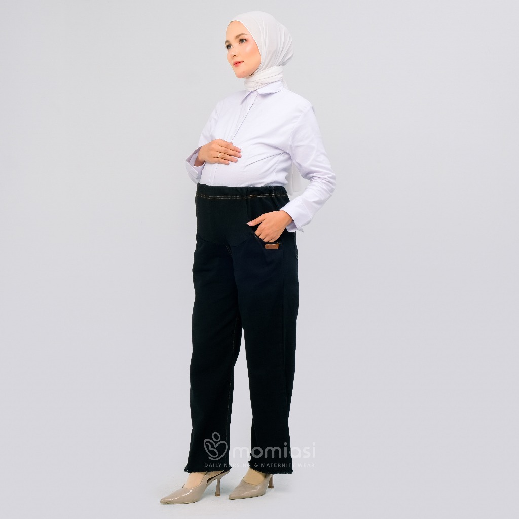Momiasi - Celana Hamil Jeans Kulot Rawis Denim Strech Panjang Jumbo Wanita Bumil Maternity Pants Premium