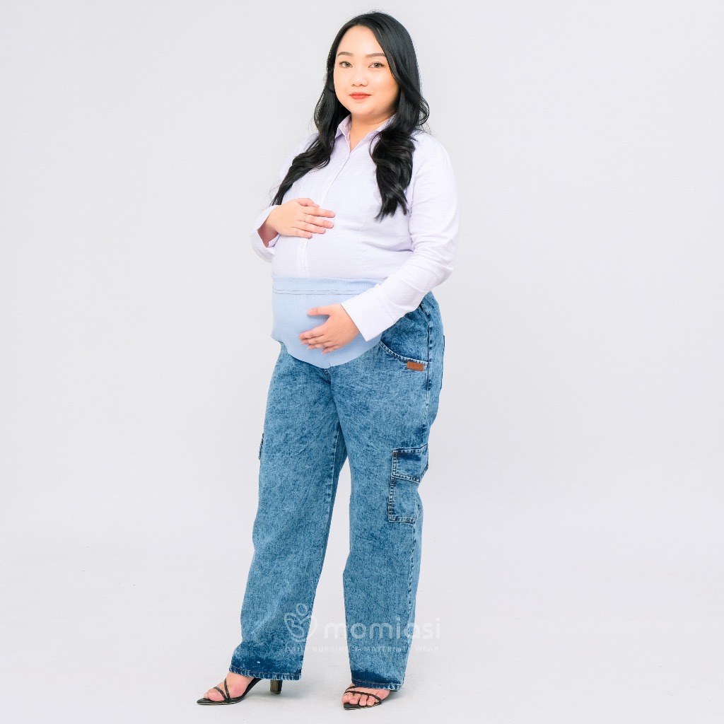 Momiasi - Celana Hamil Jeans Cargo Snow - Celana Hamil Highwaist Cargo Snow
