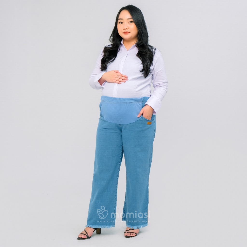 Momiasi - Celana Hamil Jeans Kulot Rawis Denim Strech Panjang Jumbo Wanita Bumil Maternity Pants Premium