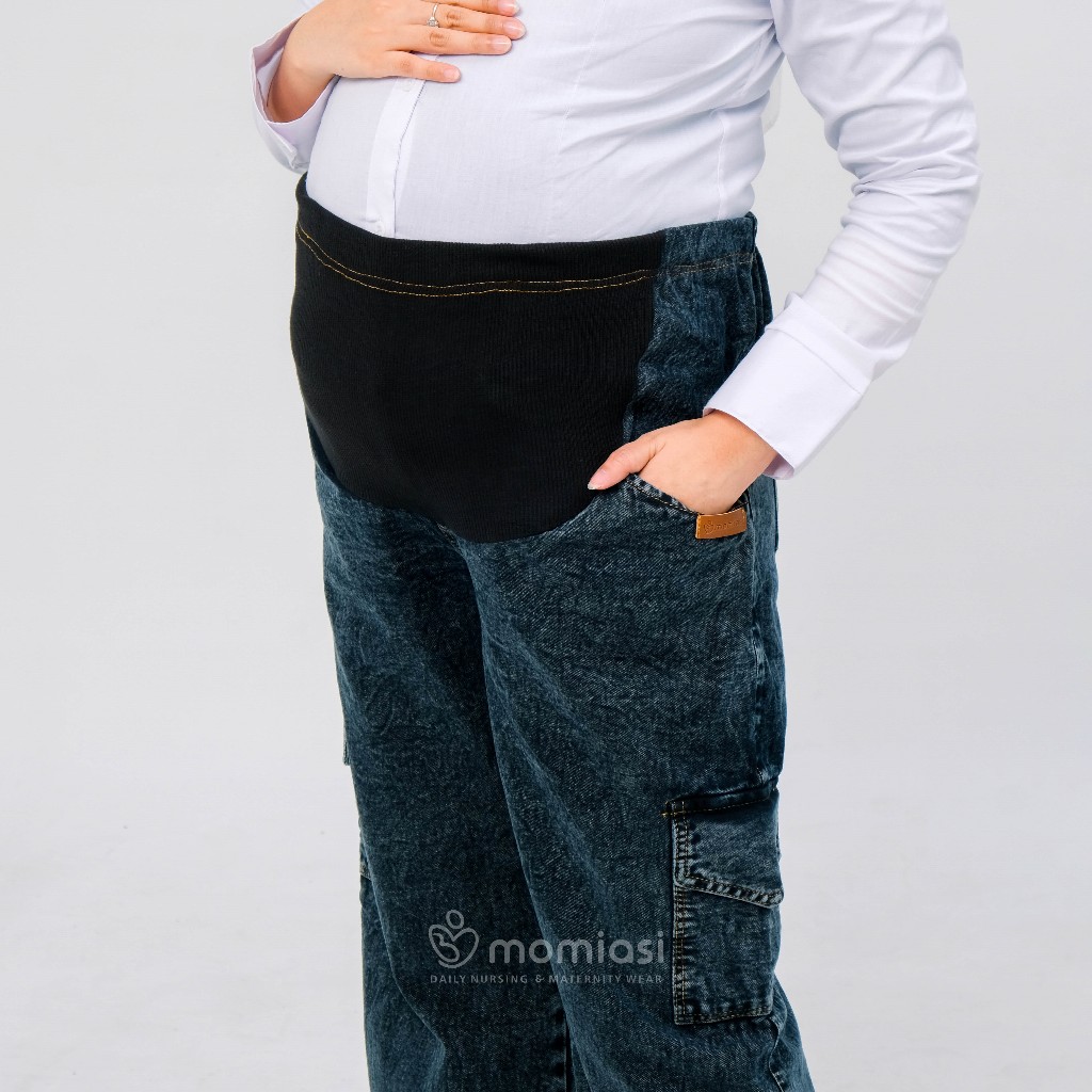 Momiasi - Celana Hamil Jeans Cargo Snow - Celana Hamil Highwaist Cargo Snow