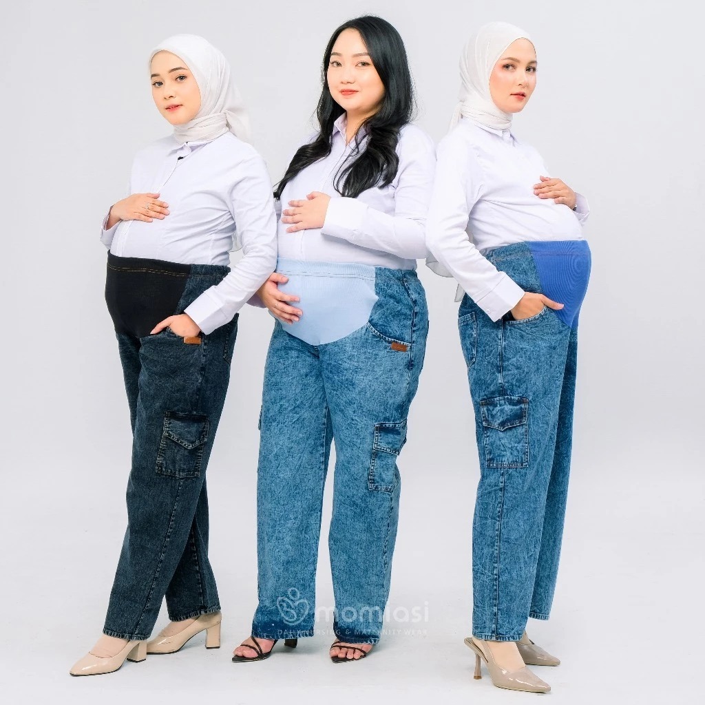 Momiasi - Celana Hamil Jeans Cargo Snow - Celana Hamil Highwaist Cargo Snow