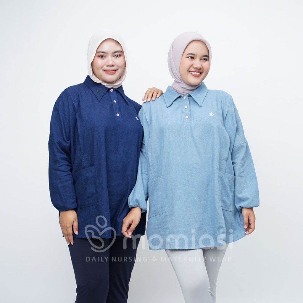 Momiasi - Bianca - Claudia Blouse Denim Premium - Atasan Wanita Kekinian - Bumil & Busui Friendly