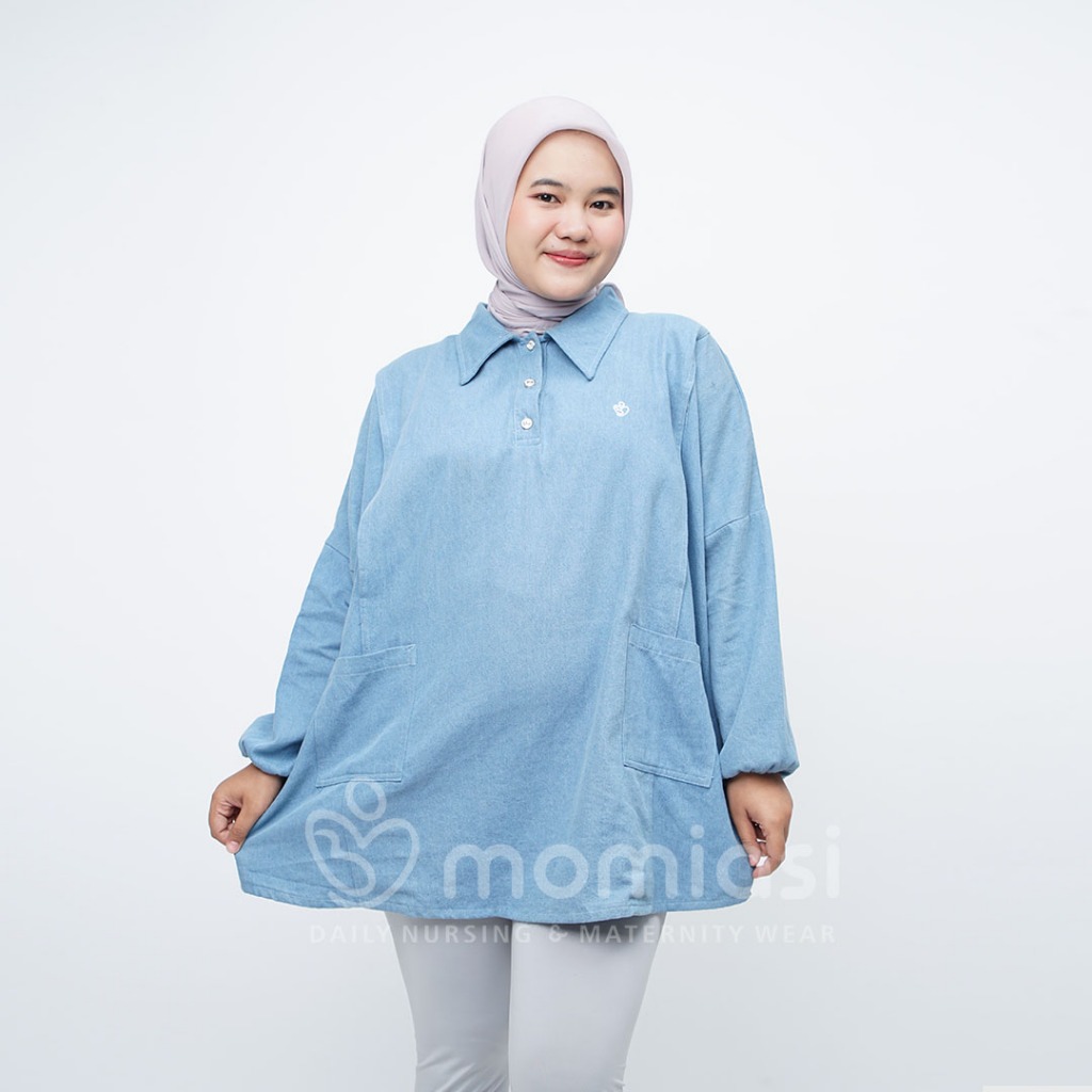 Momiasi - Bianca - Claudia Blouse Denim Premium - Atasan Wanita Kekinian - Bumil & Busui Friendly