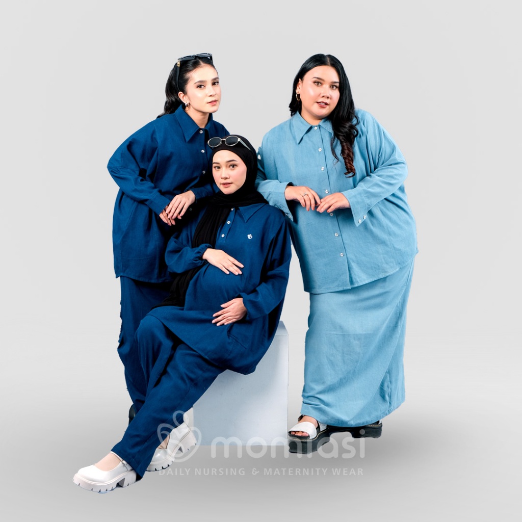 Momiasi - Bianca - Claudia One Set Denim Premium - Setelan Wanita Kekinian - Bumil & Busui Friendly