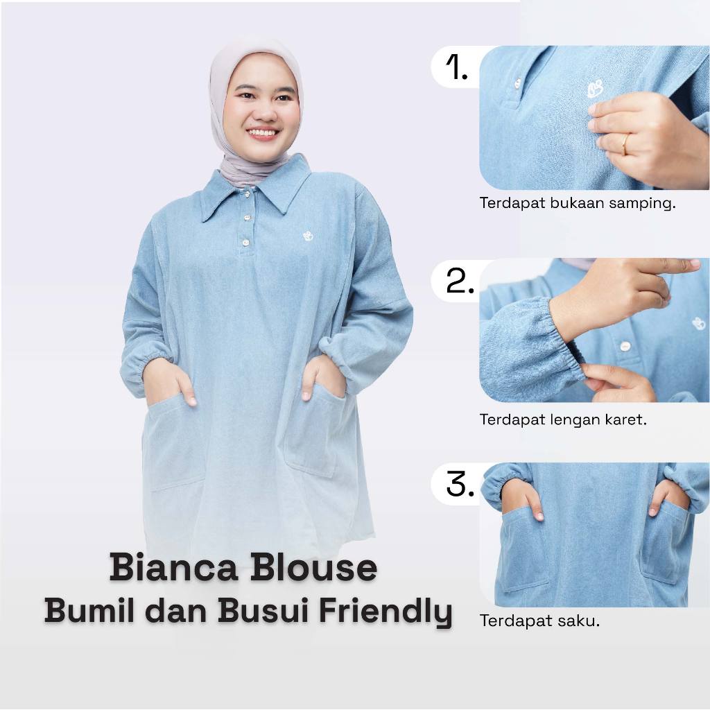 Momiasi - Bianca - Claudia Blouse Denim Premium - Atasan Wanita Kekinian - Bumil & Busui Friendly