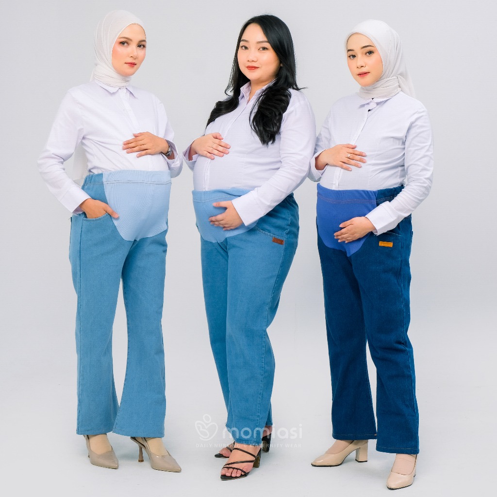 Momiasi - Celana Hamil Jeans Cutbray - Celana Jeans Hamil Wanita Bumil Maternity Pants Premium