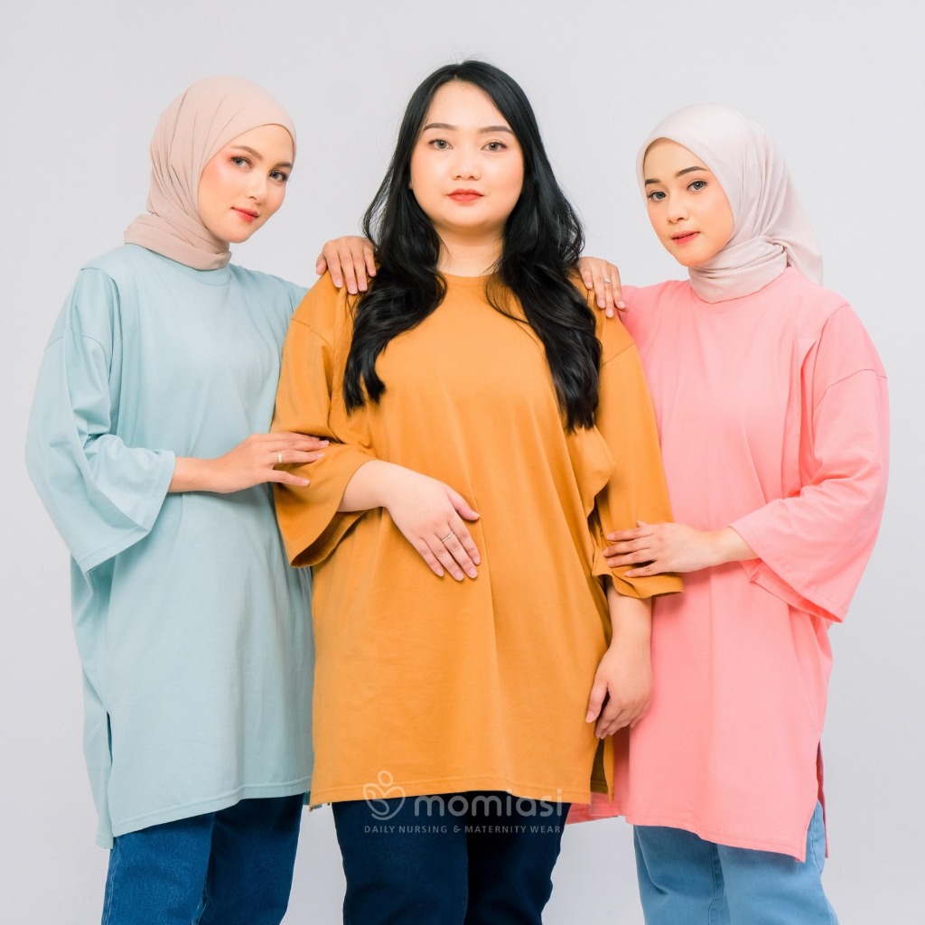 Momiasi - Kaos Oversize Wanita lengan 7/8 Basic Oversized Top Busui Hijab Non Hijab Friendly