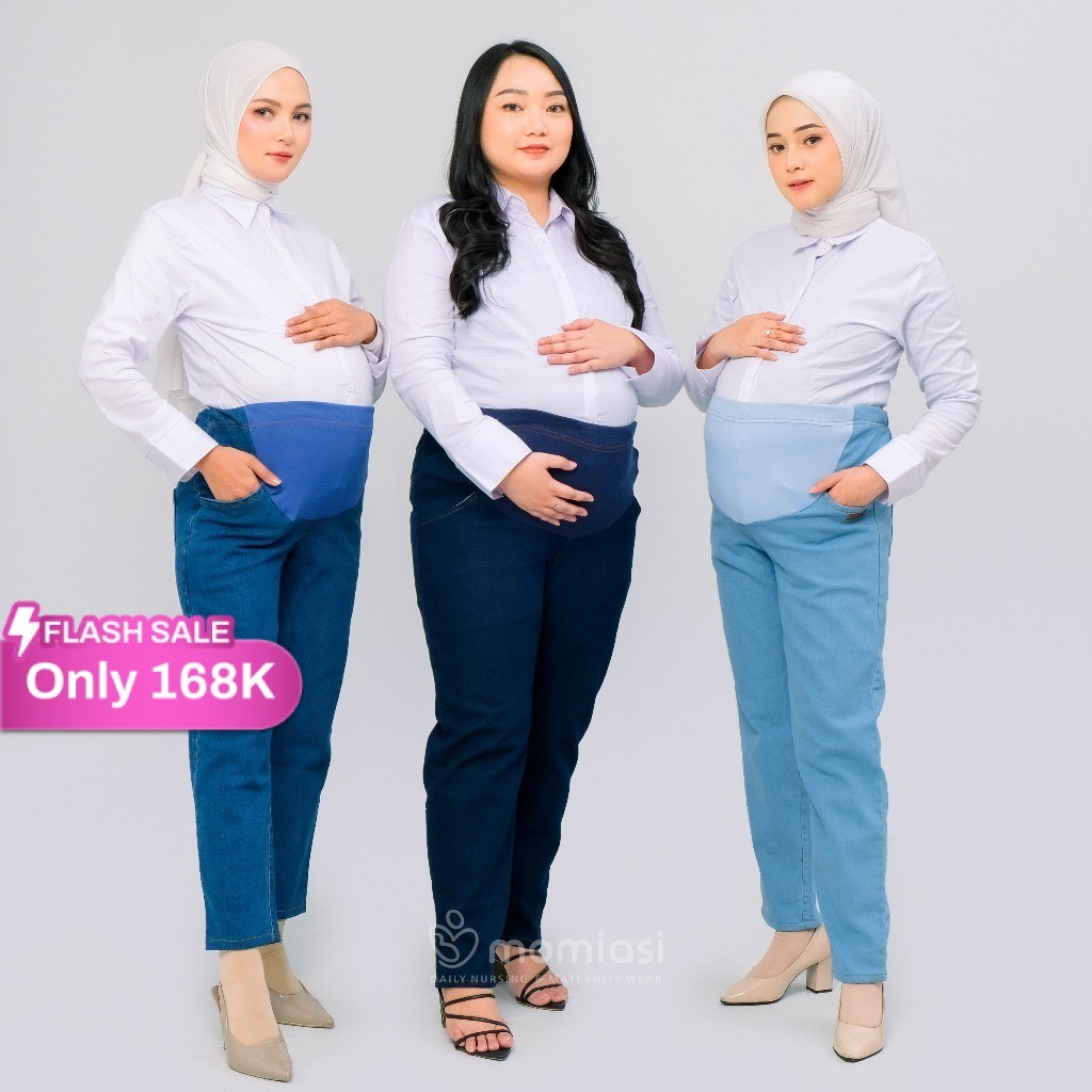 Momiasi - Celana Hamil Jeans Denim Strech Jumbo Maternity Pants Office Fashion Wanita Bumil Premium