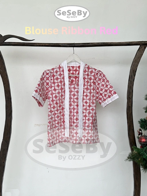 Image of Seseby Batik Pekalongan Blouse Ribbon Red Blouse Kerja Wanita Blus Batik