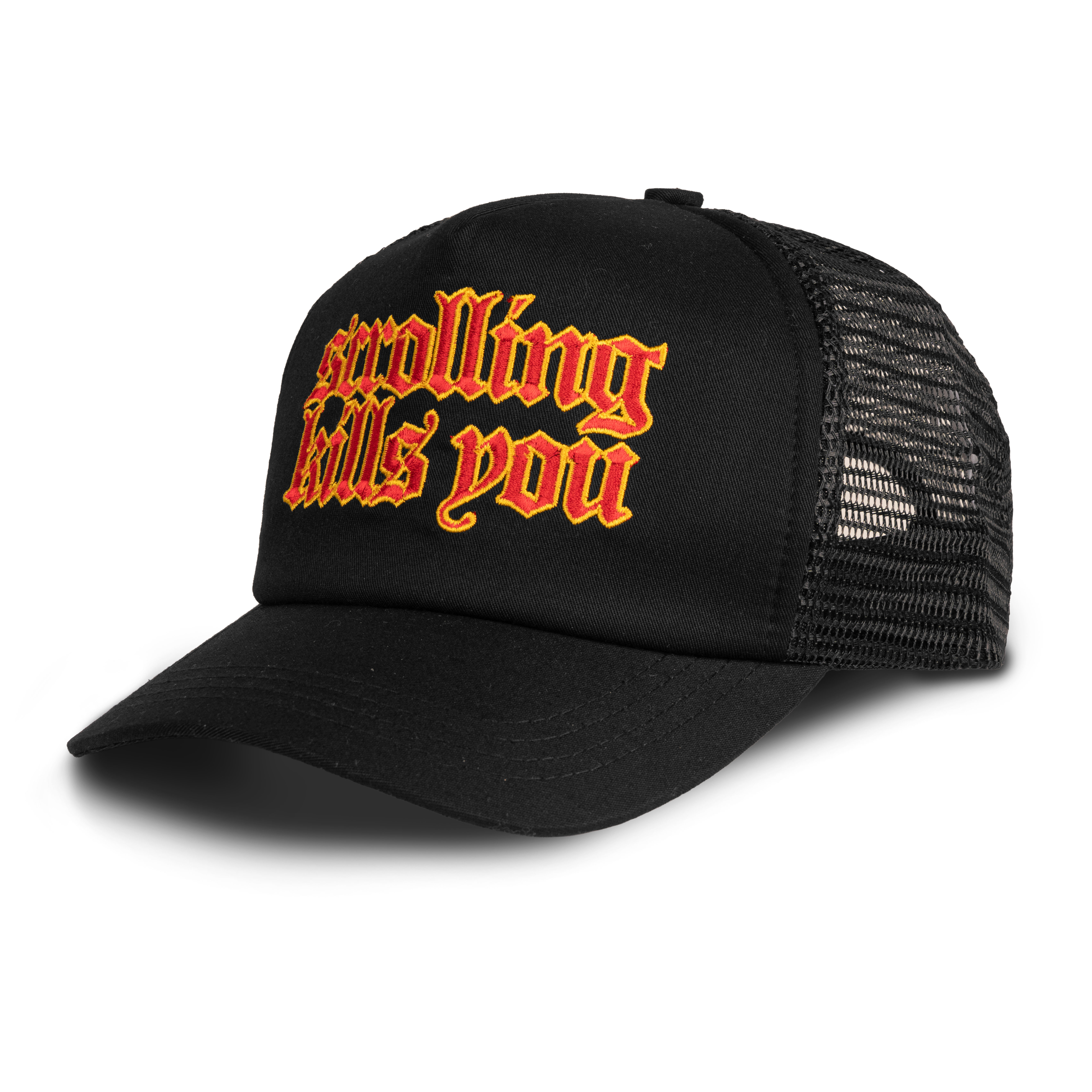 HOKIDOKY SCROLLING TRUCKER HAT BLACK