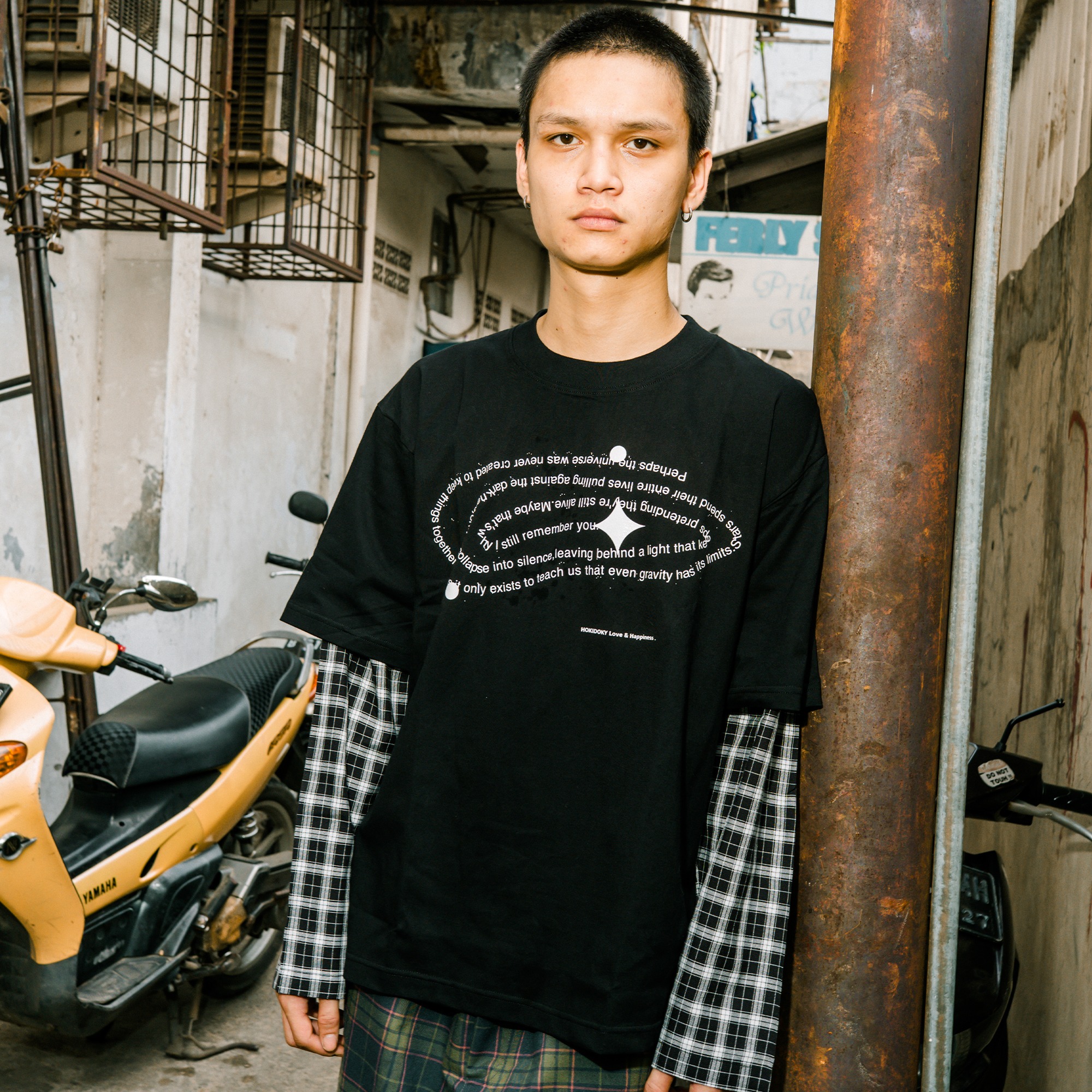 HOKIDOKY DOUBLE LAYER PLAID LONGSLEEVE BLACK