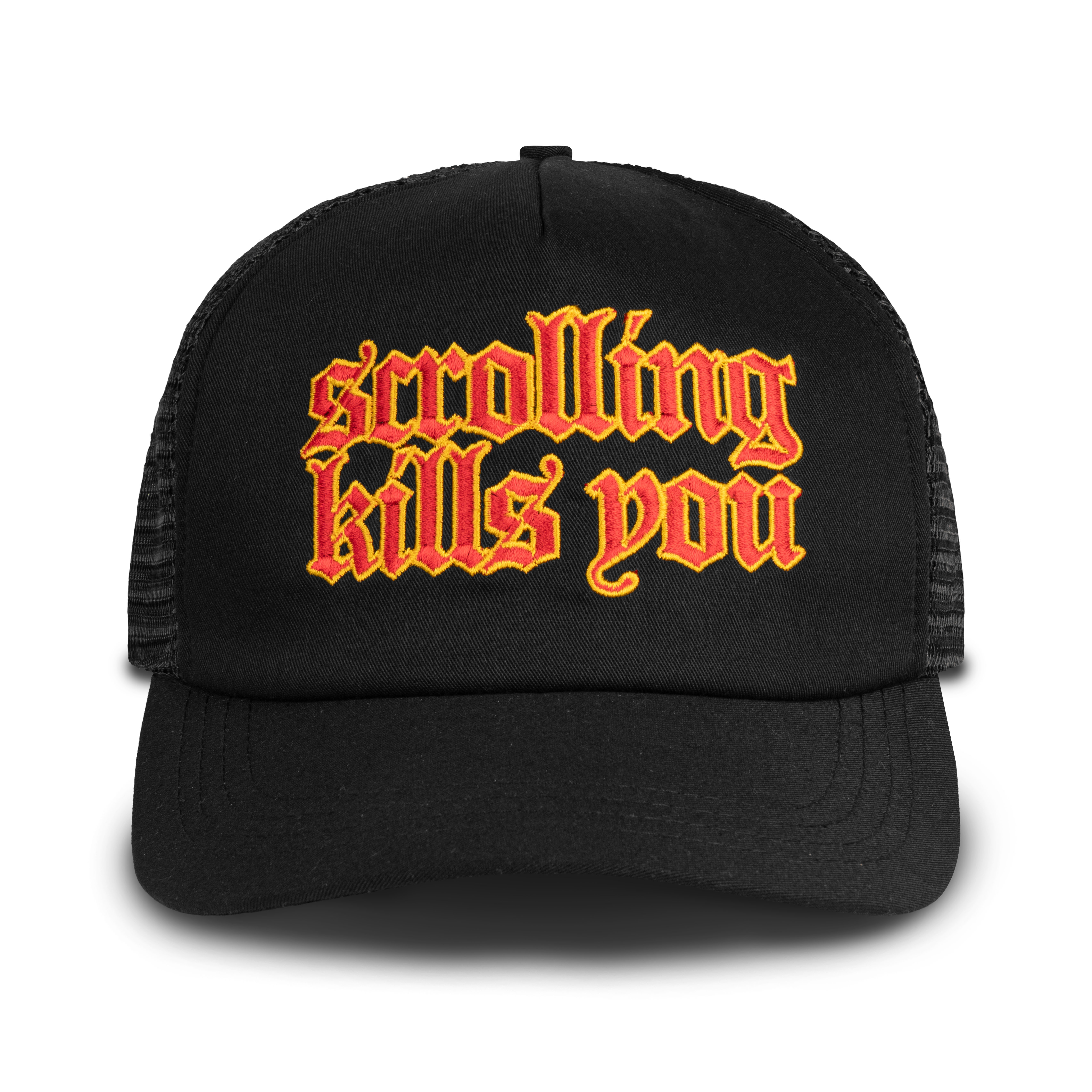 HOKIDOKY SCROLLING TRUCKER HAT BLACK