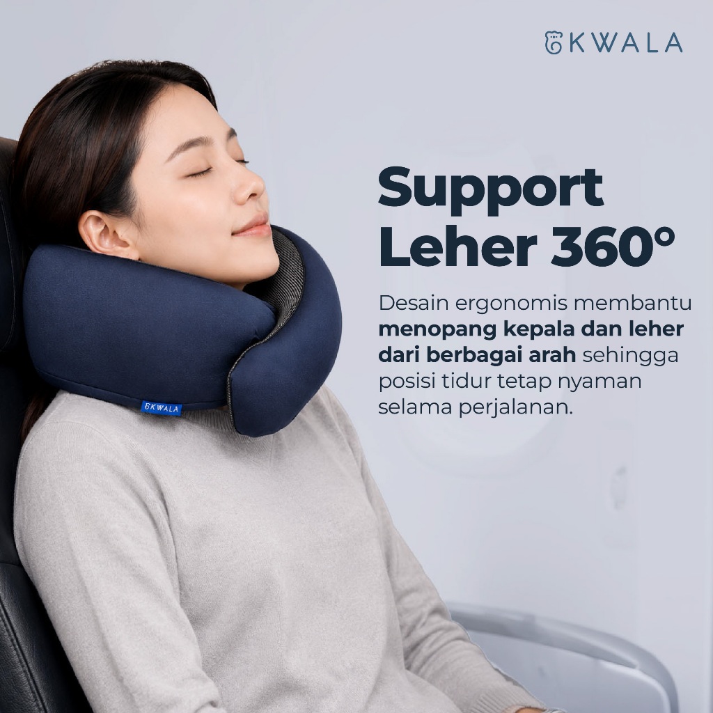 KWALA Travel Neck Pillow | Bantal Leher Travel | Memory Foam Pillow | Bantal Pesawat | Bantal Leher Mobil | Bantal Kereta | Neck Pillow Anti Pegal | Bantal Tidur Perjalanan | Travel Pillow | Support Leher 360° | Bantal Perjalanan Jauh