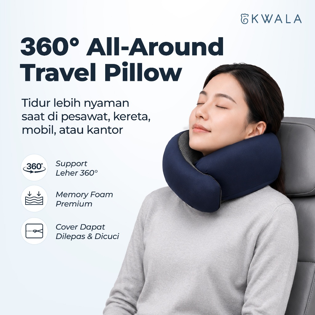 KWALA Travel Neck Pillow | Bantal Leher Travel | Memory Foam Pillow | Bantal Pesawat | Bantal Leher Mobil | Bantal Kereta | Neck Pillow Anti Pegal | Bantal Tidur Perjalanan | Travel Pillow | Support Leher 360° | Bantal Perjalanan Jauh