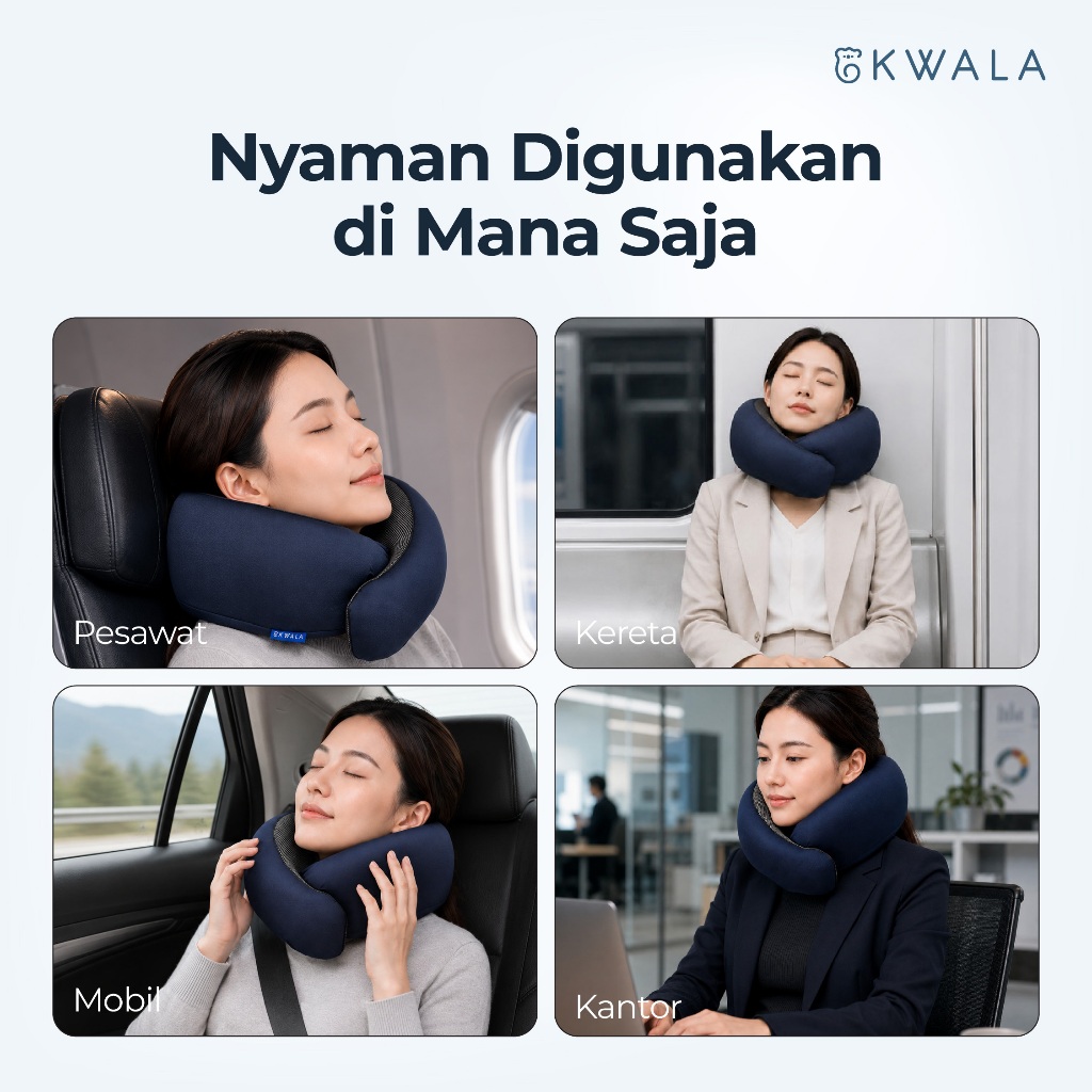 KWALA Travel Neck Pillow | Bantal Leher Travel | Memory Foam Pillow | Bantal Pesawat | Bantal Leher Mobil | Bantal Kereta | Neck Pillow Anti Pegal | Bantal Tidur Perjalanan | Travel Pillow | Support Leher 360° | Bantal Perjalanan Jauh
