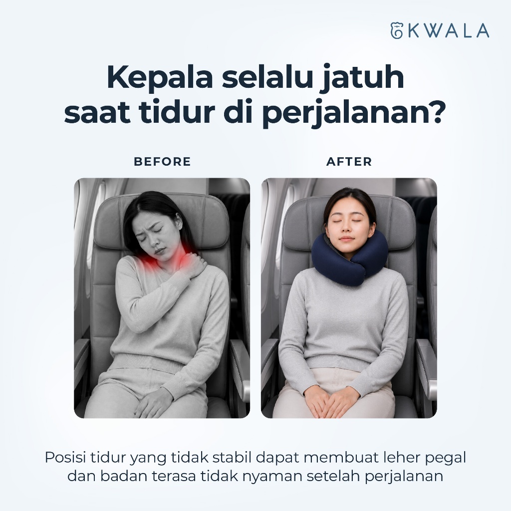 KWALA Travel Neck Pillow | Bantal Leher Travel | Memory Foam Pillow | Bantal Pesawat | Bantal Leher Mobil | Bantal Kereta | Neck Pillow Anti Pegal | Bantal Tidur Perjalanan | Travel Pillow | Support Leher 360° | Bantal Perjalanan Jauh