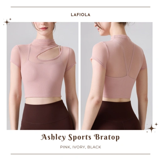 LAFIOLA - Baju Sport Wanita Crop Top Mesh Asymmetric Gym Yoga Pilates (ASHLEY)