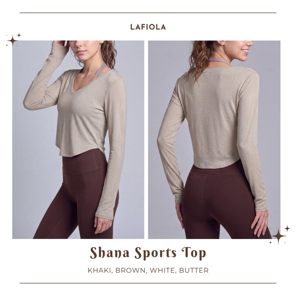 LAFIOLA - Atasan Olahraga Wanita Crop Sport Top Lengan Panjang V Neck Slim Fit Basic Casual (SHANA)