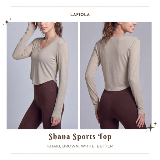 LAFIOLA - Atasan Olahraga Wanita Crop Sport Top Lengan Panjang V Neck Slim Fit Basic Casual (SHANA)