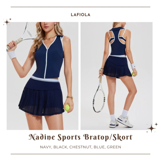 LAFIOLA - Bra Top Olahraga Wanita Kerah V Slim Fit or Rok Sport Wanita Celana Dalam High Waist Pleated Padel (NADINE)