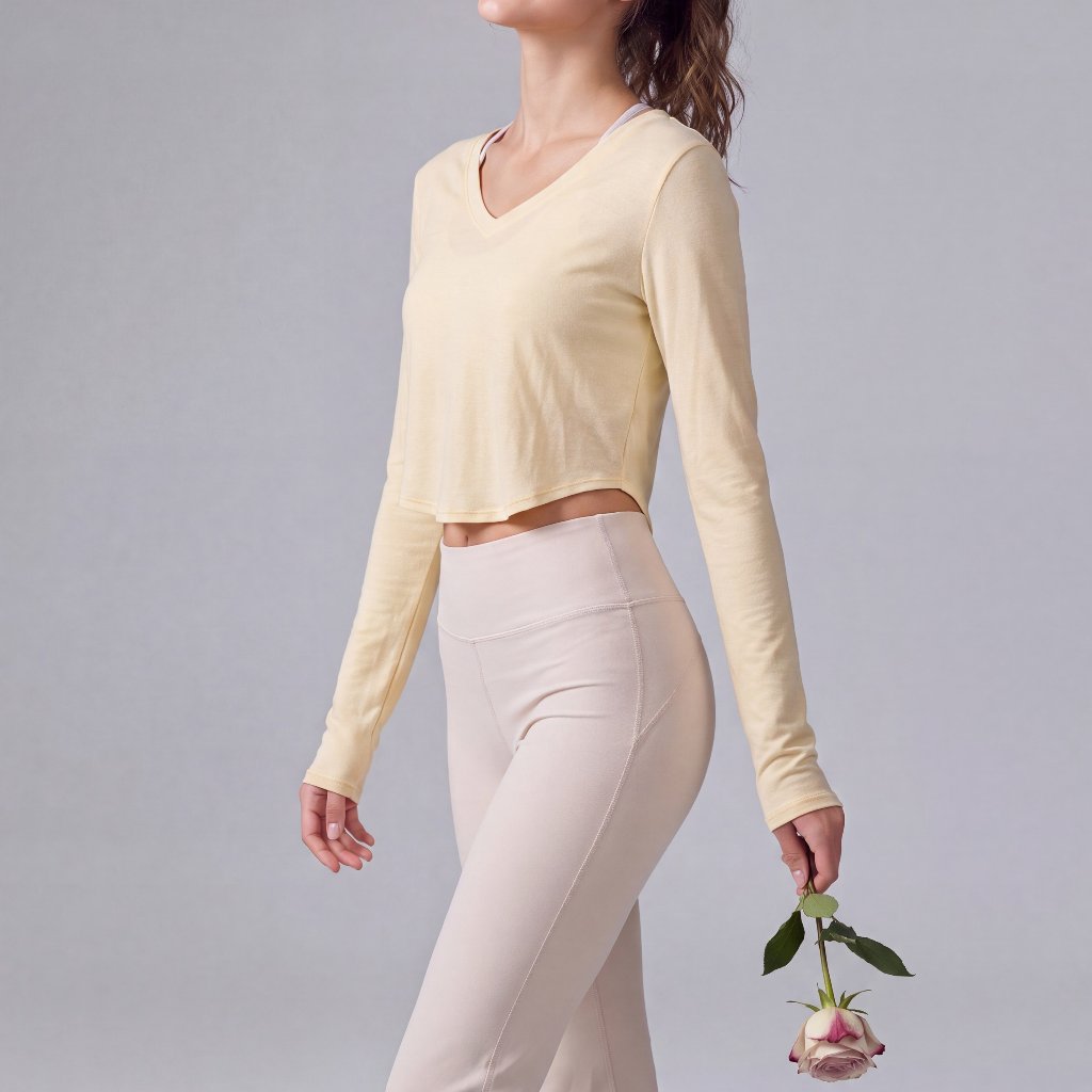 LAFIOLA - Atasan Olahraga Wanita Crop Sport Top Lengan Panjang V Neck Slim Fit Basic Casual (SHANA)