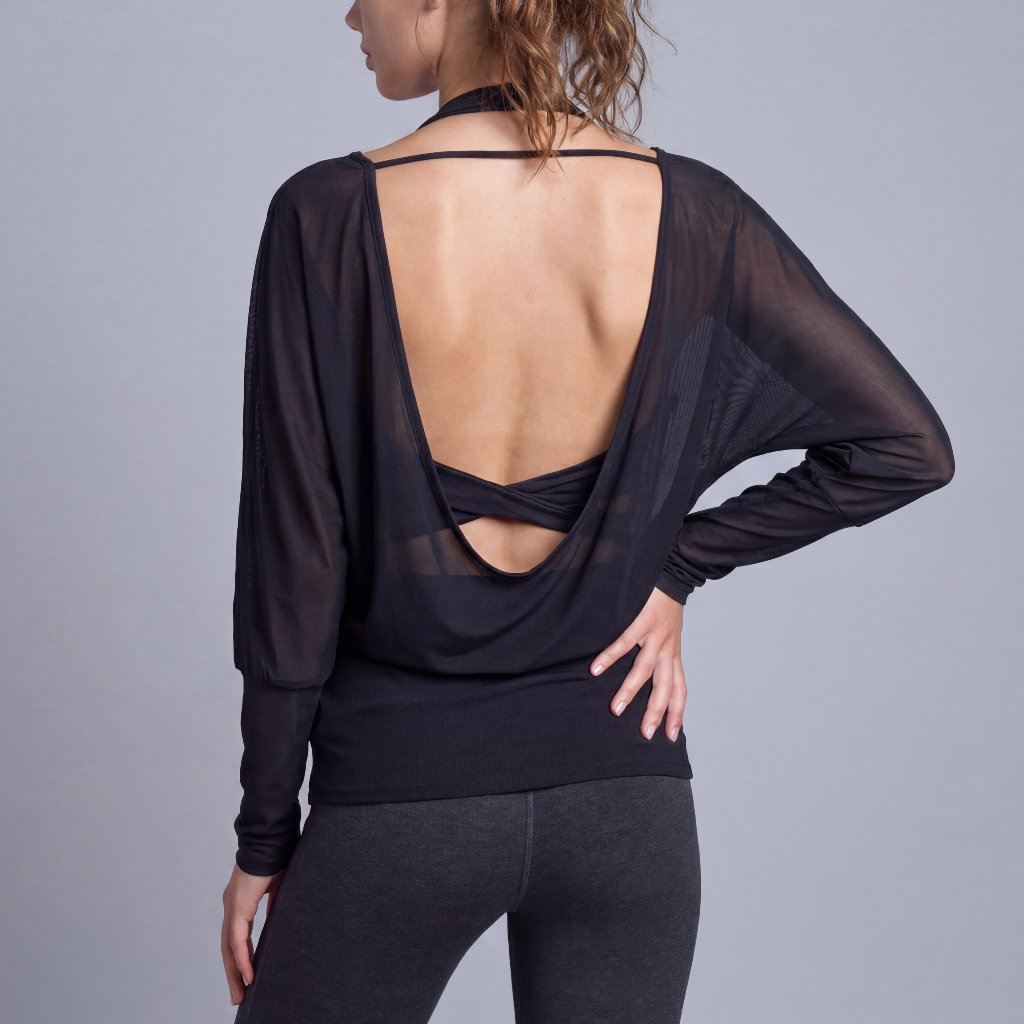 LAFIOLA - Atasan Wanita Mesh Transparan Lengan Panjang Backless Open Back Sport Gym Yoga (JASMINE)