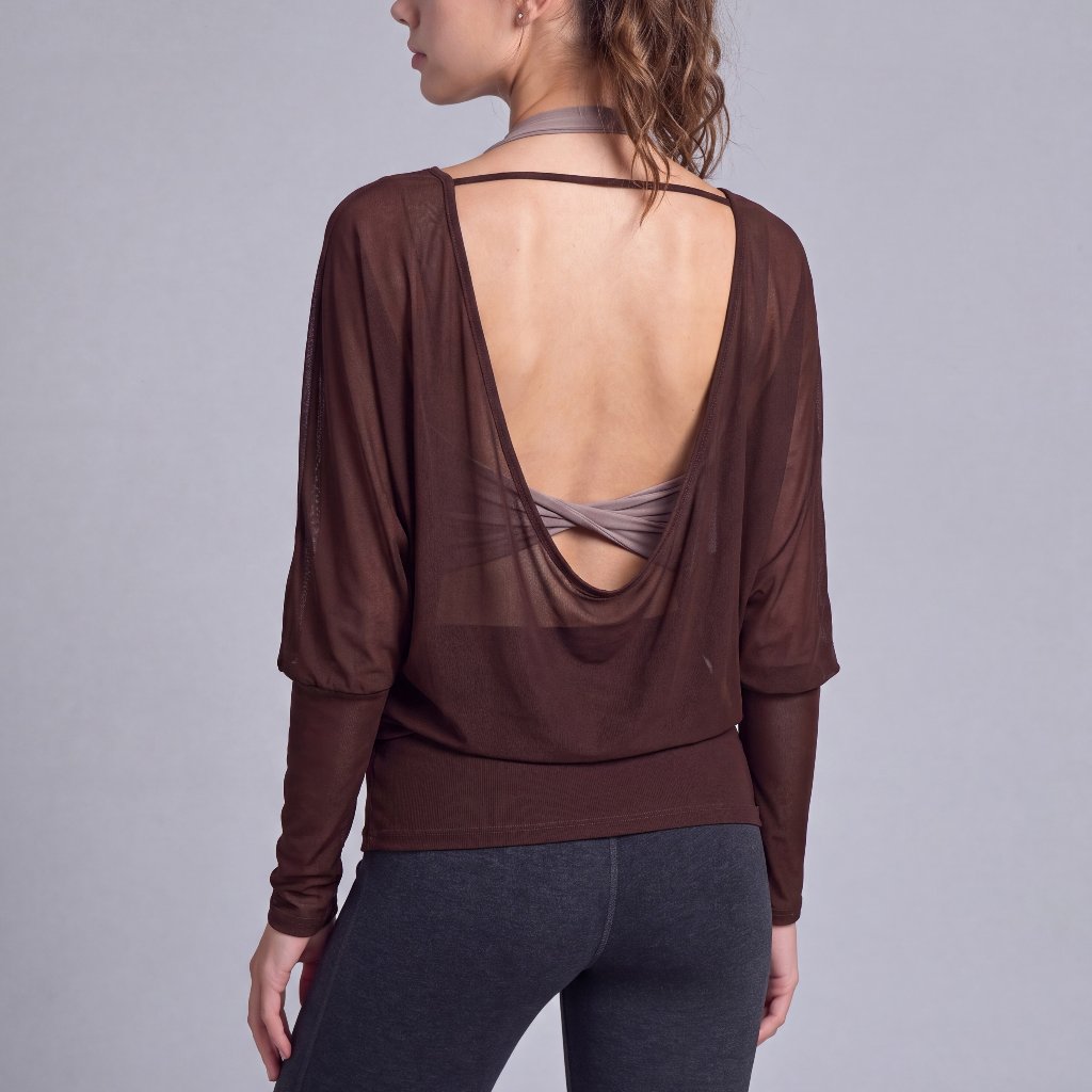 LAFIOLA - Atasan Wanita Mesh Transparan Lengan Panjang Backless Open Back Sport Gym Yoga (JASMINE)