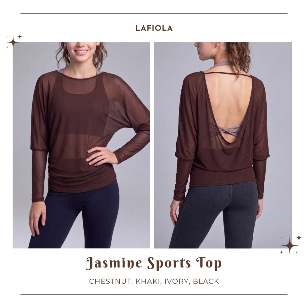 LAFIOLA - Atasan Wanita Mesh Transparan Lengan Panjang Backless Open Back Sport Gym Yoga (JASMINE)