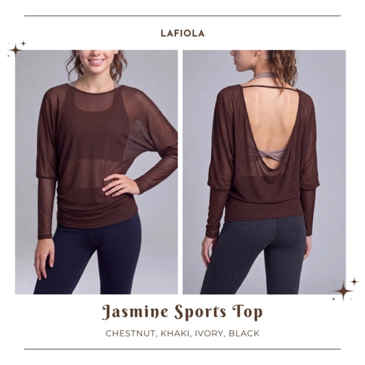 LAFIOLA - Atasan Wanita Mesh Transparan Lengan Panjang Backless Open Back Sport Gym Yoga (JASMINE)