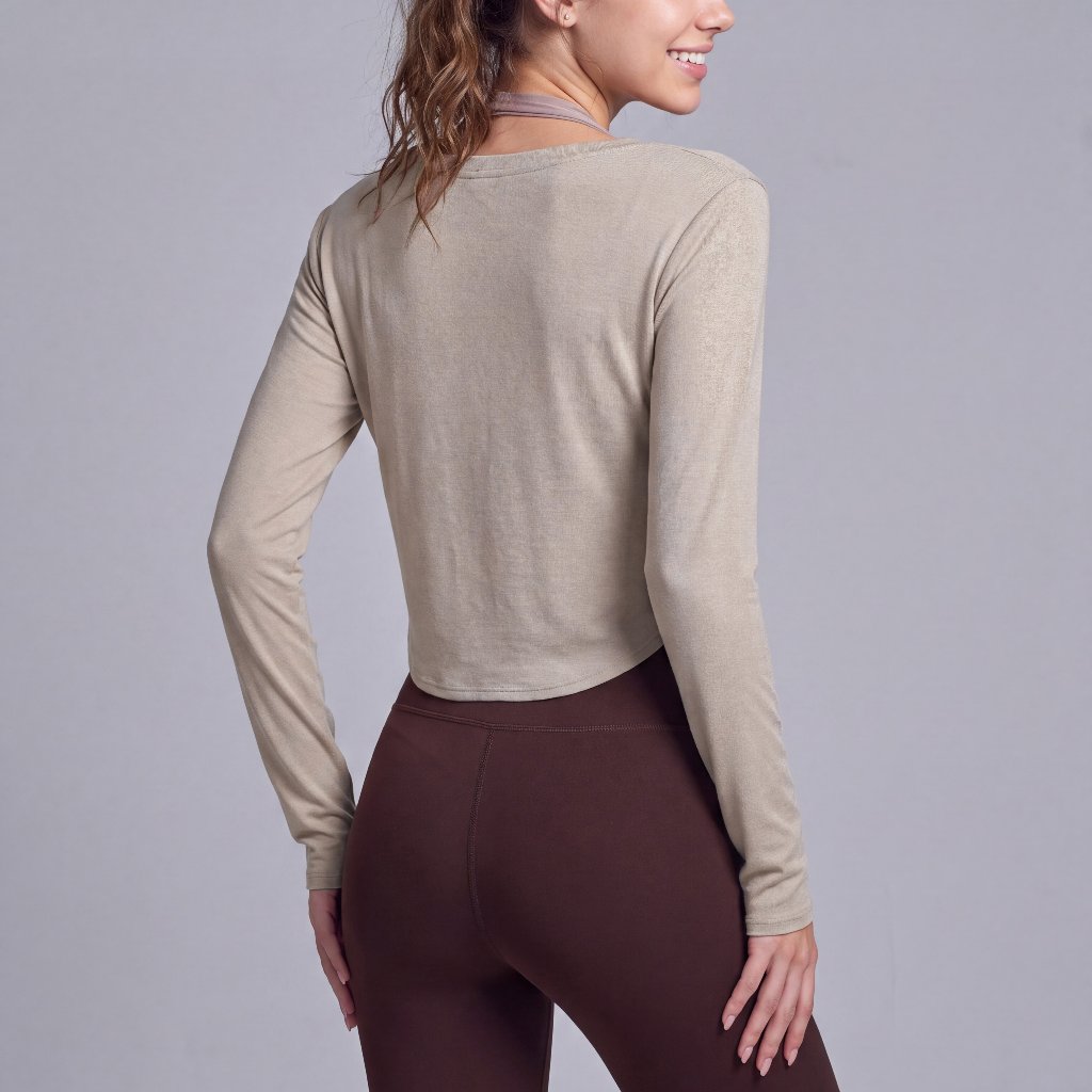 LAFIOLA - Atasan Olahraga Wanita Crop Sport Top Lengan Panjang V Neck Slim Fit Basic Casual (SHANA)