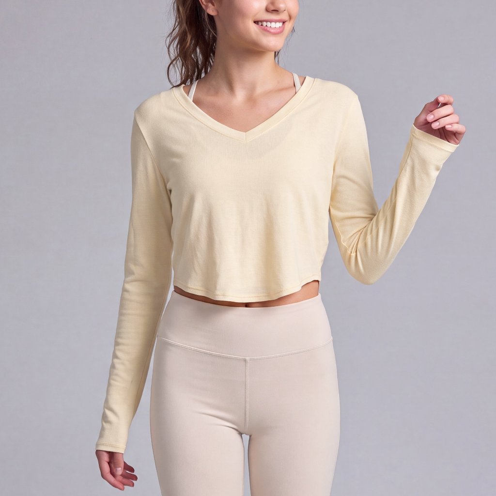 LAFIOLA - Atasan Olahraga Wanita Crop Sport Top Lengan Panjang V Neck Slim Fit Basic Casual (SHANA)