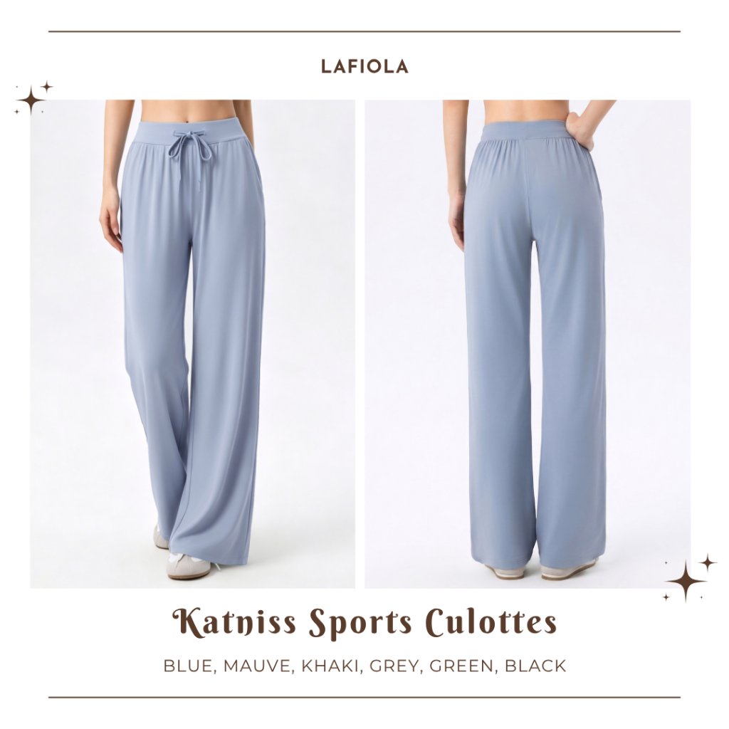 LAFIOLA - Celana Culottes Wanita Olahraga Wide Leg High Waist Drawstring Sport Gym Yoga (KATNISS)