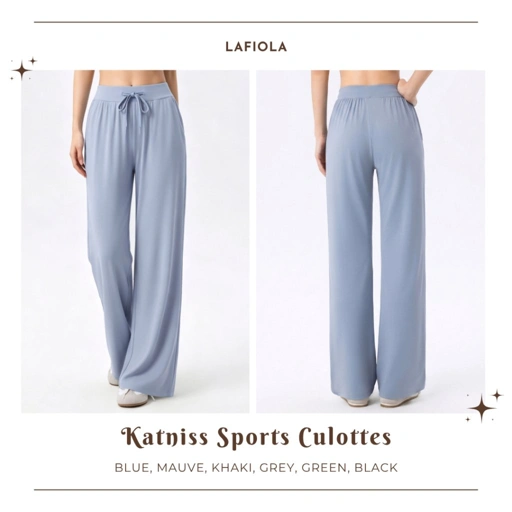 LAFIOLA - Celana Culottes Wanita Olahraga Wide Leg High Waist Drawstring Sport Gym Yoga (KATNISS)