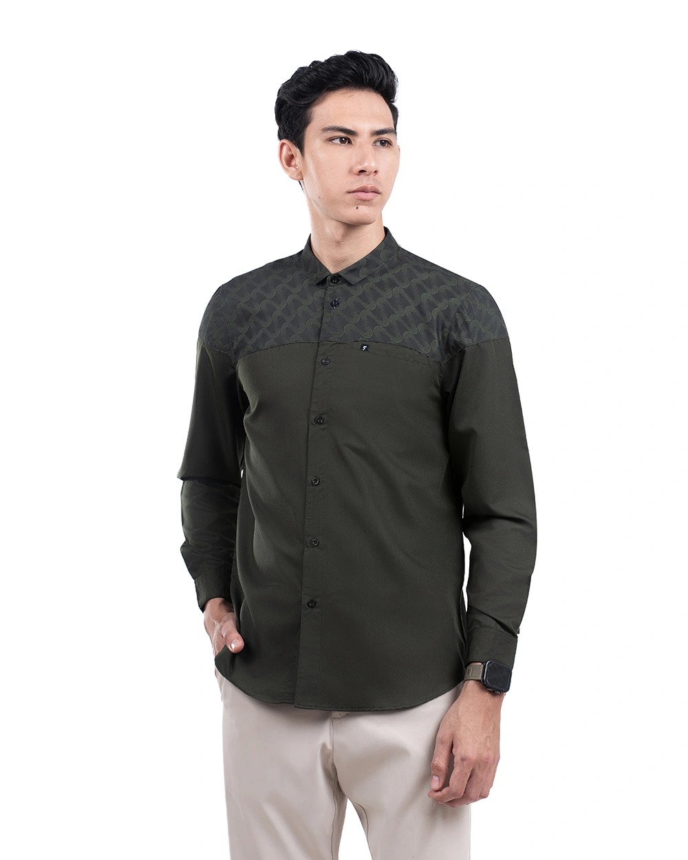 Baju Koko Pria Modern Ruhayli Lengan Panjang Dark Olive