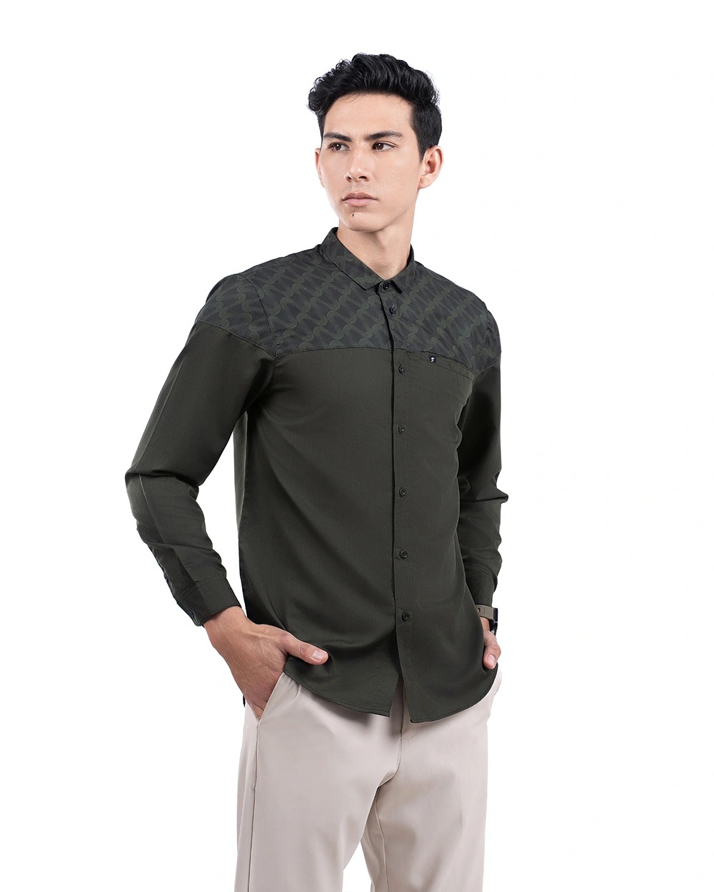 Baju Koko Pria Modern Ruhayli Lengan Panjang Dark Olive