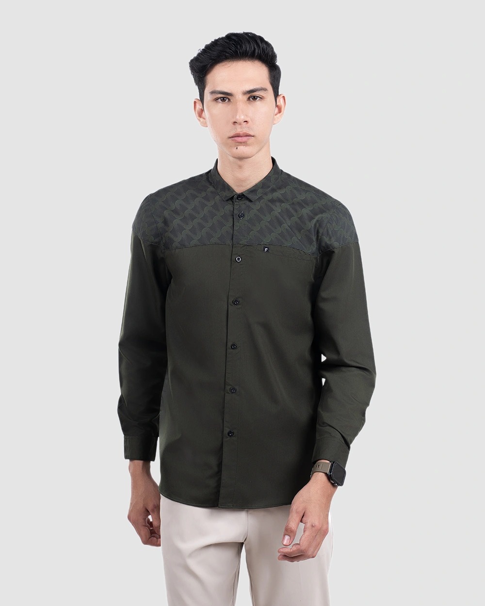 Baju Koko Pria Modern Ruhayli Lengan Panjang Dark Olive