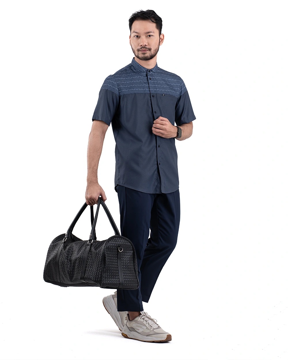 Baju Koko Pria Modern Fadkhera Aziz Denim Lengan Panjang Pendek Denim