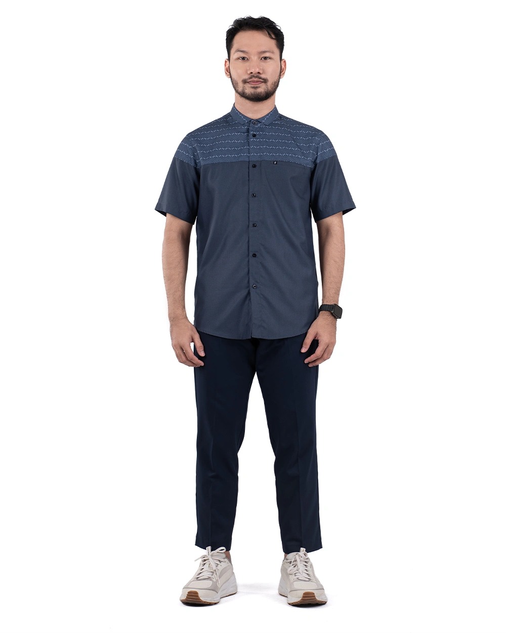 Baju Koko Pria Modern Fadkhera Aziz Denim Lengan Panjang Pendek Denim