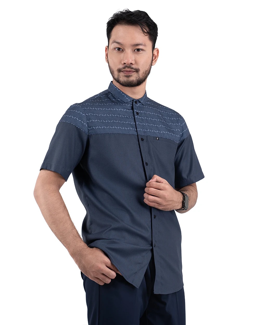 Baju Koko Pria Modern Fadkhera Aziz Denim Lengan Panjang Pendek Denim