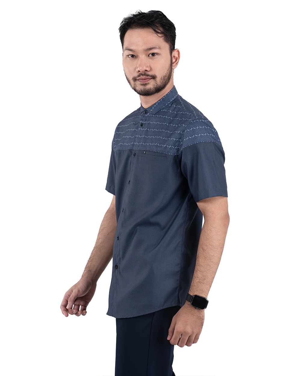 Baju Koko Pria Modern Fadkhera Aziz Denim Lengan Panjang Pendek Denim