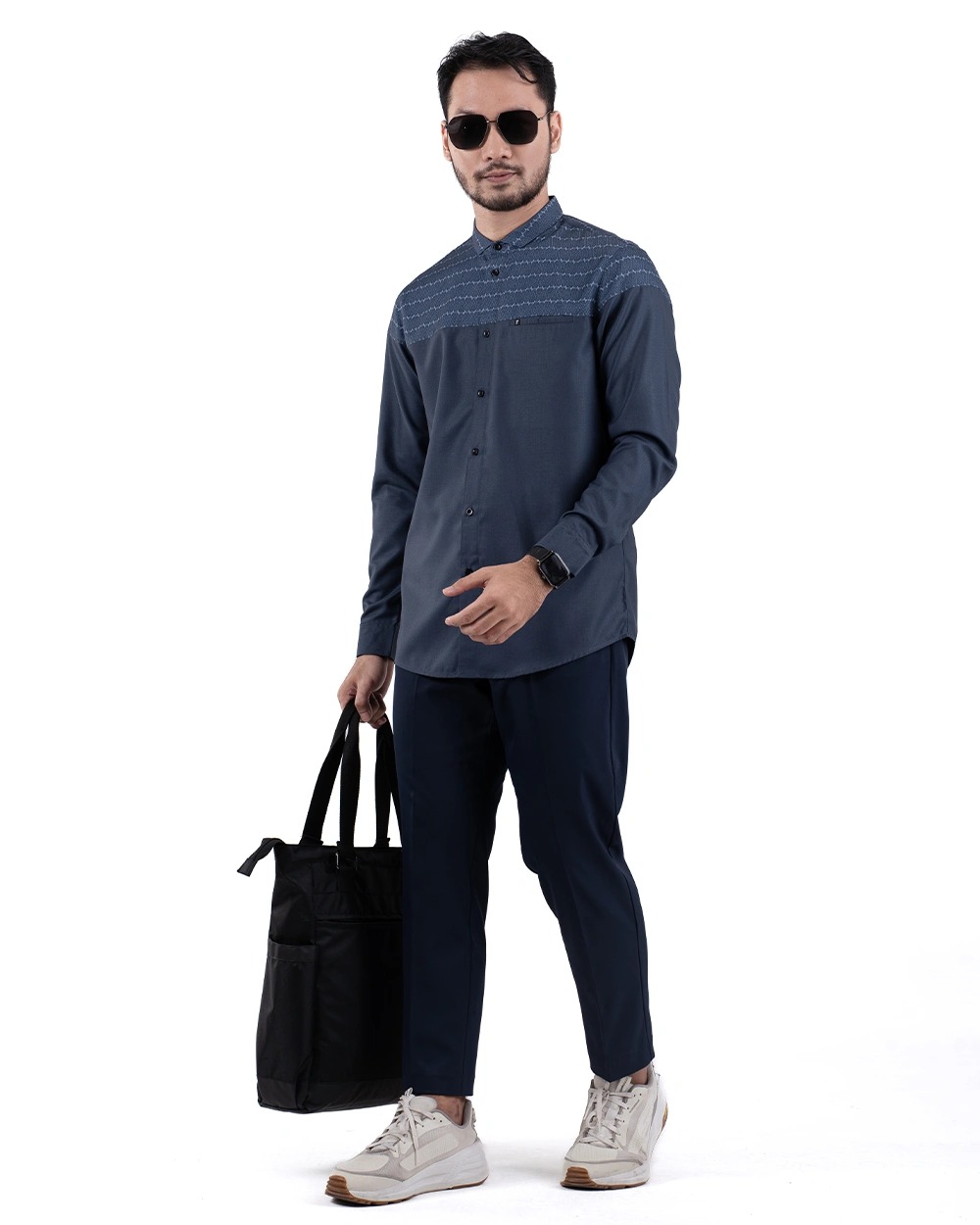 Baju Koko Pria Modern Fadkhera Aziz Denim Lengan Panjang Pendek Denim