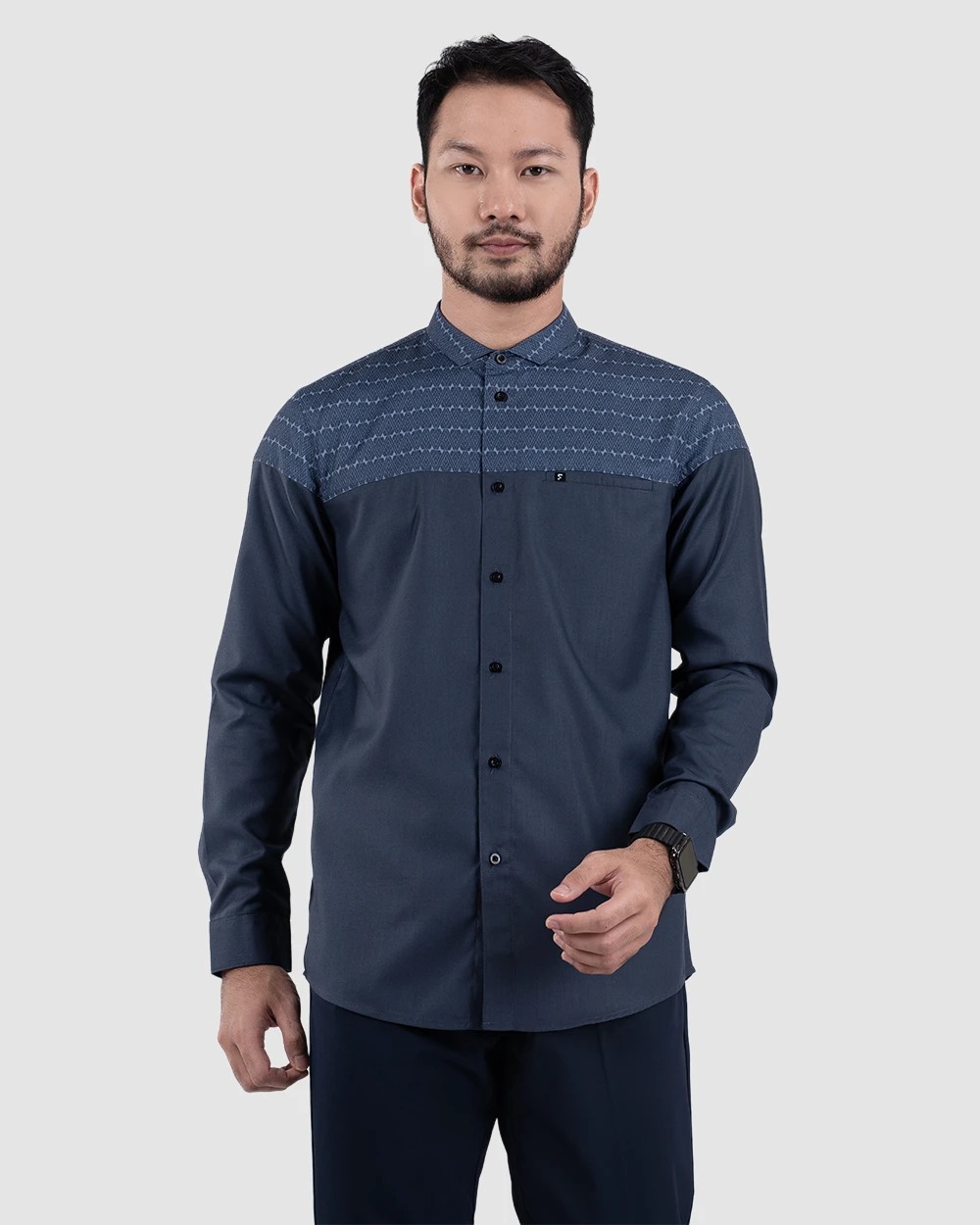 Baju Koko Pria Modern Fadkhera Aziz Denim Lengan Panjang Pendek Denim