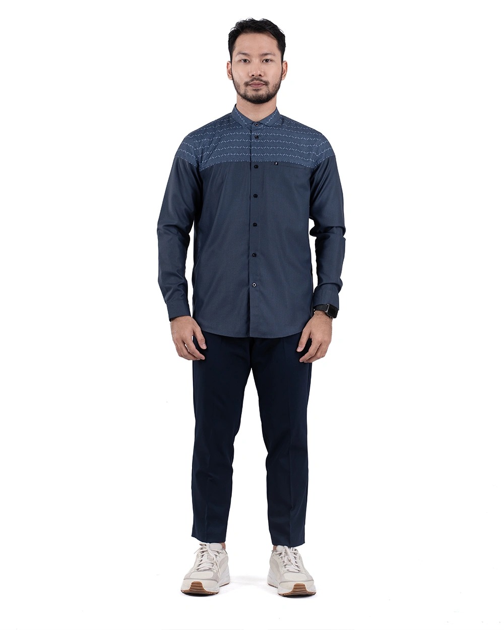 Baju Koko Pria Modern Fadkhera Aziz Denim Lengan Panjang Pendek Denim