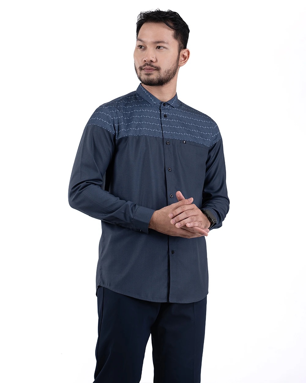 Baju Koko Pria Modern Fadkhera Aziz Denim Lengan Panjang Pendek Denim