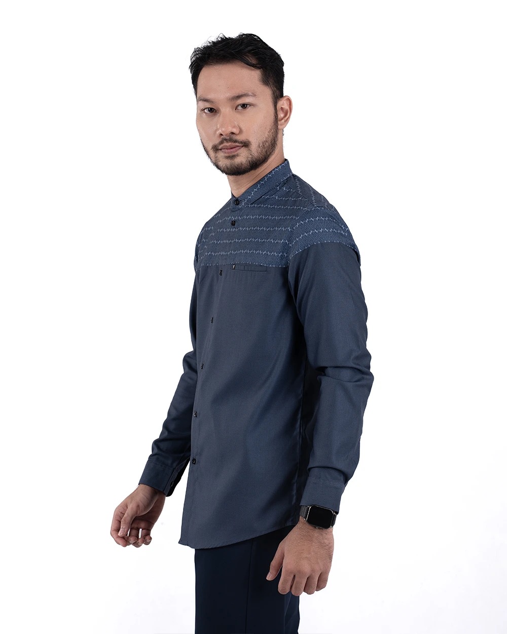 Baju Koko Pria Modern Fadkhera Aziz Denim Lengan Panjang Pendek Denim