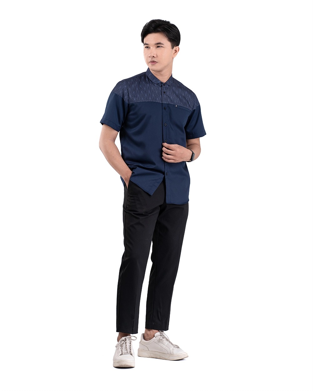Baju Koko Pria Modern Fadkhera Badar Lengan Panjang Pendek Navy