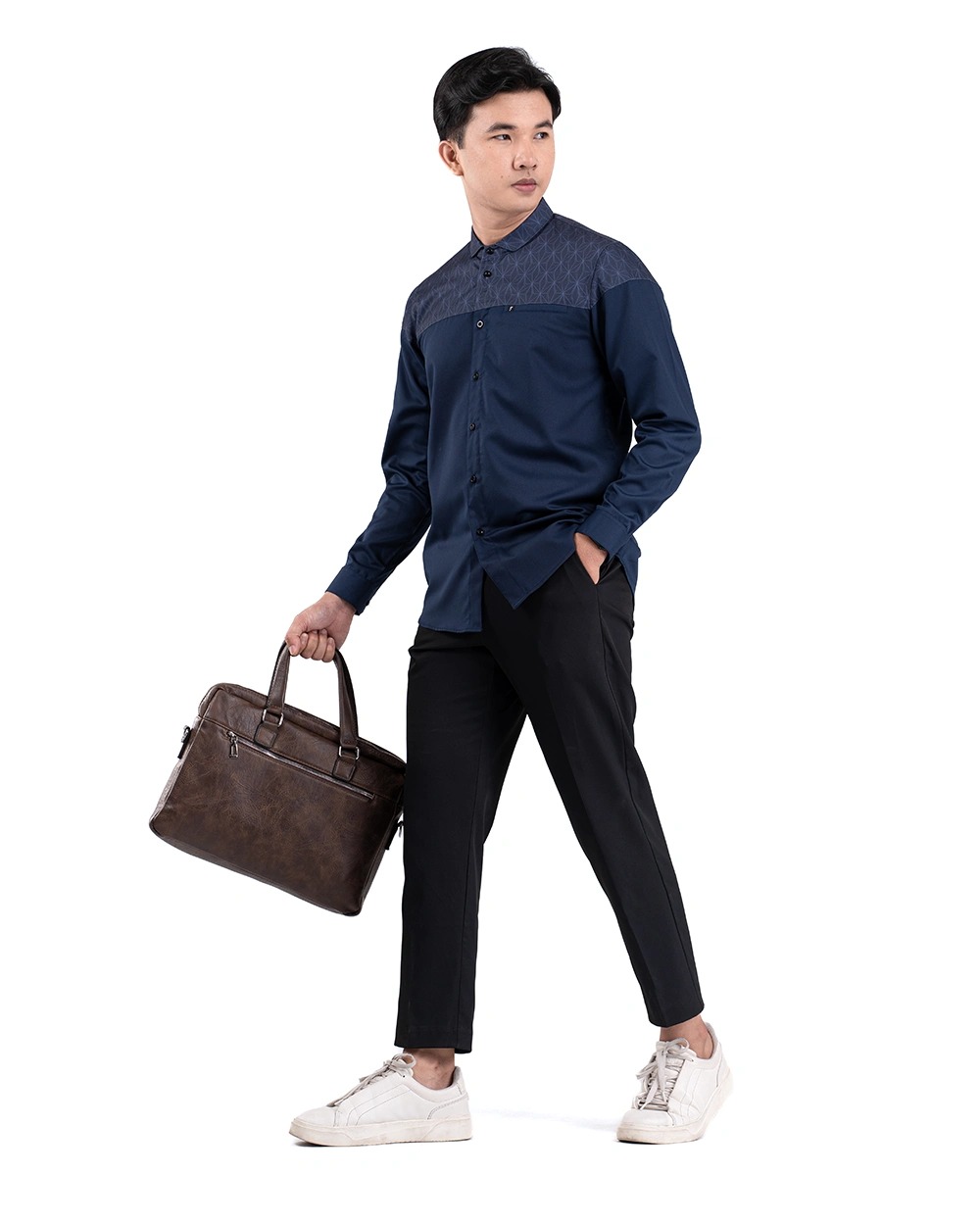 Baju Koko Pria Modern Fadkhera Badar Lengan Panjang Pendek Navy